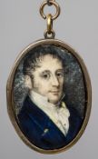 A late 18th/early 19th century miniature portrait on ivory Depicting a young gentleman in a blue