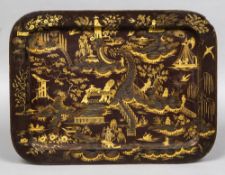 A 19th century chinoiserie lacquered papier mache tray Of dished rounded oval form,