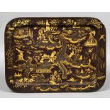 A 19th century chinoiserie lacquered papier mache tray Of dished rounded oval form,