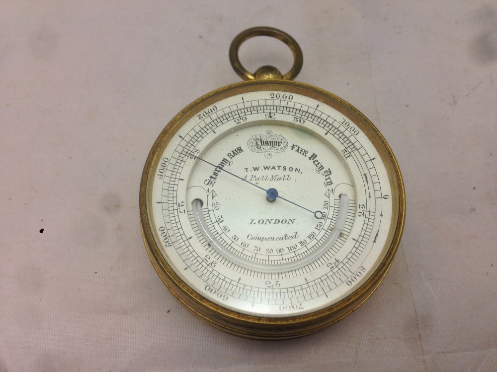 A 19th century gilt metal cased pocket barometer and thermometer by T W Watson, Pall Mall, - Bild 6 aus 7