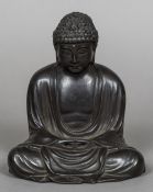 A Japanese Meiji period patinated bronze model of Buddha Typically modelled, seated cross legged,