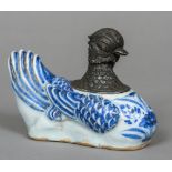 A Chinese blue and white Ming porcelain and white metal (probably silver) water dropper Modelled as