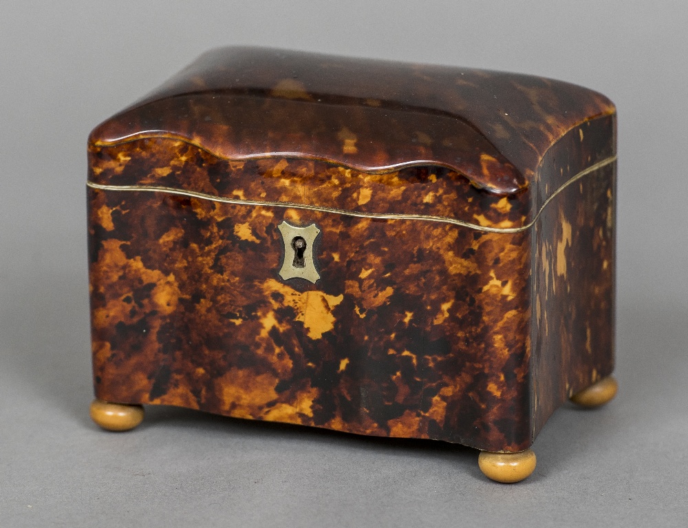 A 19th century tortoiseshell tea caddy Of small proportions,