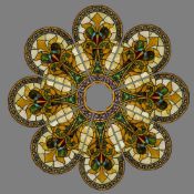 A stained glass roundel Comprising eight panels, each with scrolling foliate design.