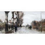 Attributed to GUISEPPE DE NITTIS (1846-1884) Italian Figures in a Rainy Street Scene Oil on