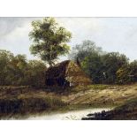 CHARLES GREVILLE MORRIS (1861-1922) British Thatched Cottage in a River Landscape Oil on