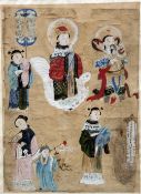 A Chinese watercolour depicting various noble figures and attendants With calligraphic panel,