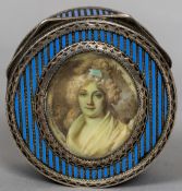 A French silver and enamelled box and cover Of circular section,