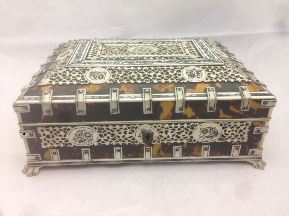 A 19th century Anglo-Indian bone mounted tortoiseshell casket The mounted panels intricately worked - Image 2 of 8