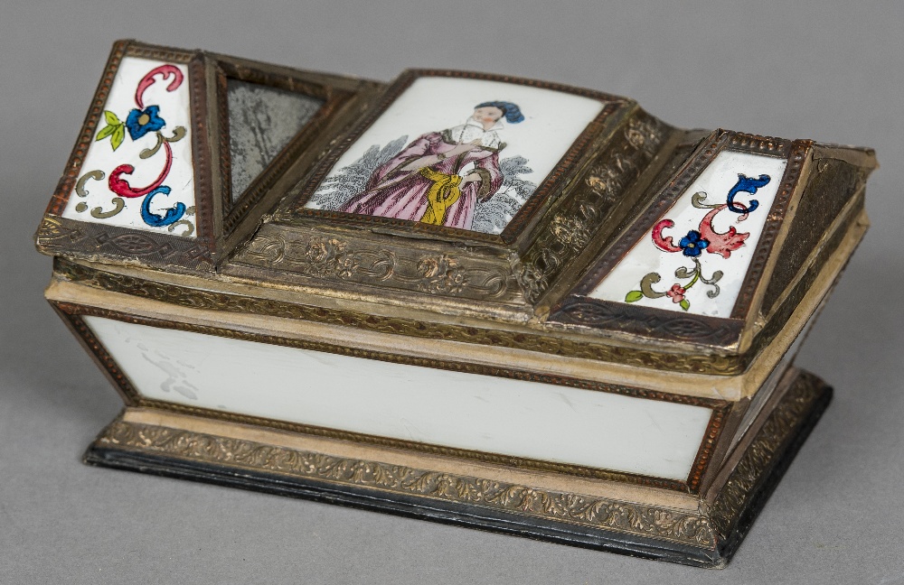 A Regency decalcomania decorated casket The shaped hinged lid with floral and mirror inset panels