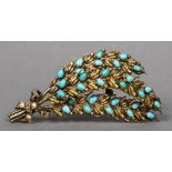 A Georgian unmarked 15 ct gold turquoise set spray brooch Formed as three bow tied wheatsheaves,