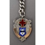 A large silver Albert chain Mounted with an enamel decorated medallion and T-bar. 42 cm long.