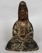 An antique Chinese bronze figure of Quanyin Modelled seated and polychrome decorated. 23 cm high.