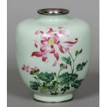A wireless cloisonne and silver vase Of ovoid form,