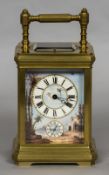 A Sevres type panel inset repeating alarm carriage clock The dial plate decorated with an Eastern