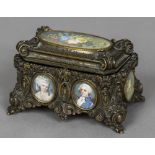 A 19th century painted miniature inset bronze casket The hinged lid inset with a floral miniature,