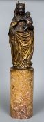 A 19th century Continental carved giltwood Madonna and child Standing on a turned marble plinth