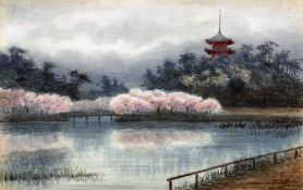 M MIYATA (19th/20th century) Japanese Tranquil Lake Scene Watercolour Signed 49.