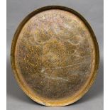 A large Eastern, probably Indian, brass tray Of flared lipped oval form,