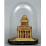 A 19th century Italian "Grand Tour" cork model of a temple, under glass dome The temple 25 cm high.