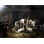 Attributed to GEORGE MORLAND (1763-1804) British Stable Interior With Horse, Donkey,