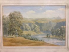 A W MOORE (19th/20th century) British Mountainous River Landscape Watercolour Old label to verso