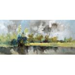 20th CENTURY SCHOOL Tropical Riverscape Oil on canvas Indistinctly signed 94.5 x 44.