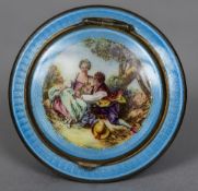 Two Continental enamelled compacts One blue enamelled and decorated with a Watteauesque scene,