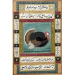 An antique Persian miniature Worked with a turkey within calligraphic script vignettes and floral