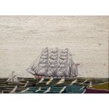 A Victorian woolwork picture Worked with a clipper under sail with a small boat and lighthouse in