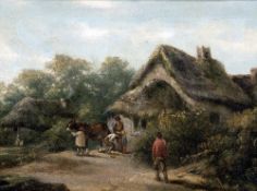 EAST ANGLIAN SCHOOL (19th century) Figures Before Thatched Cottages in Rural Landscapes Oils on