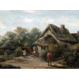 EAST ANGLIAN SCHOOL (19th century) Figures Before Thatched Cottages in Rural Landscapes Oils on