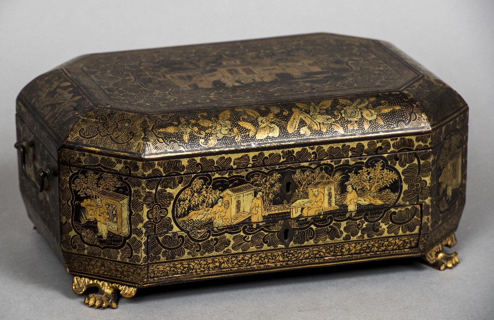 A 19th century Chinese Export chinoiserie lacquered sewing box The hinged lid decorated with