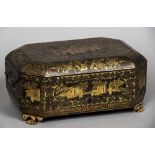 A 19th century Chinese Export chinoiserie lacquered sewing box The hinged lid decorated with