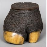 A preserved rhino foot form box The removable lid enclosing a silk lining. 16 cm high.