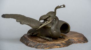 A Japanese Meiji period patinated bronze censor Formed as a crane,