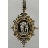 An unmarked gold micro mosaic set pendant locket Worked with winged putti opposing a vacant glazed