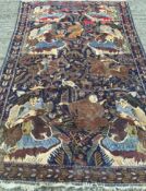 A Middle Eastern wool figural carpet The midnight field enclosing various figures and animals,