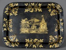 A 19th century toleware tray Decorated with a central chinoiserie scene with a scrolling floral