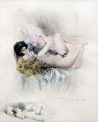 *AR PAUL EMILE BECAT (1885-1960) French Lovers Coloured dry point etching Signed in pencil 17 x 20.