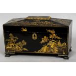 A 19th century chinoiserie lacquered tea caddy The hinged cover enclosing three lidded compartments,