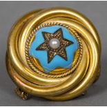 A Victorian unmarked 18 ct gold enamel pearl set brooch Of domed circular form. 3.5 cm diameter.