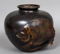 A late 19th/early 20th century Japanese bronze baluster vase Relief moulded with fish. 28.