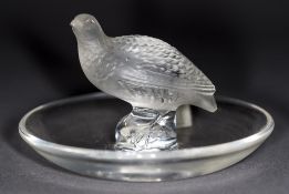 A Lalique clear and frosted glass cendrier Worked as a grouse,