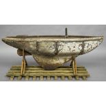 A late 19th/early 20th century pond yacht hull Of typical form with grey painted decoration,