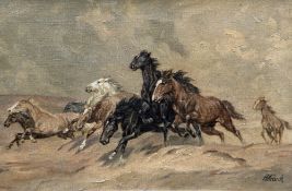 H FRANK (20th century) Stampede Oil on canvas Signed 44 x29 cm,