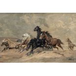 H FRANK (20th century) Stampede Oil on canvas Signed 44 x29 cm,