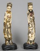 A pair of late 19th/early 20th century carved ivory figures One a bearded gentleman,