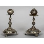 Two Continental white metal Havdalah spice towers Each with flowerhead finials supported on a