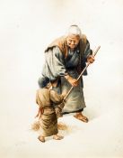 S HODO (19th/20th century) Japanese Grannie's Little Helper Watercolour Signed 19.